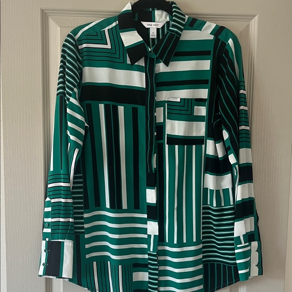 Nine West Tops - Nine West Green and Black Striped Button-Up Shirt
